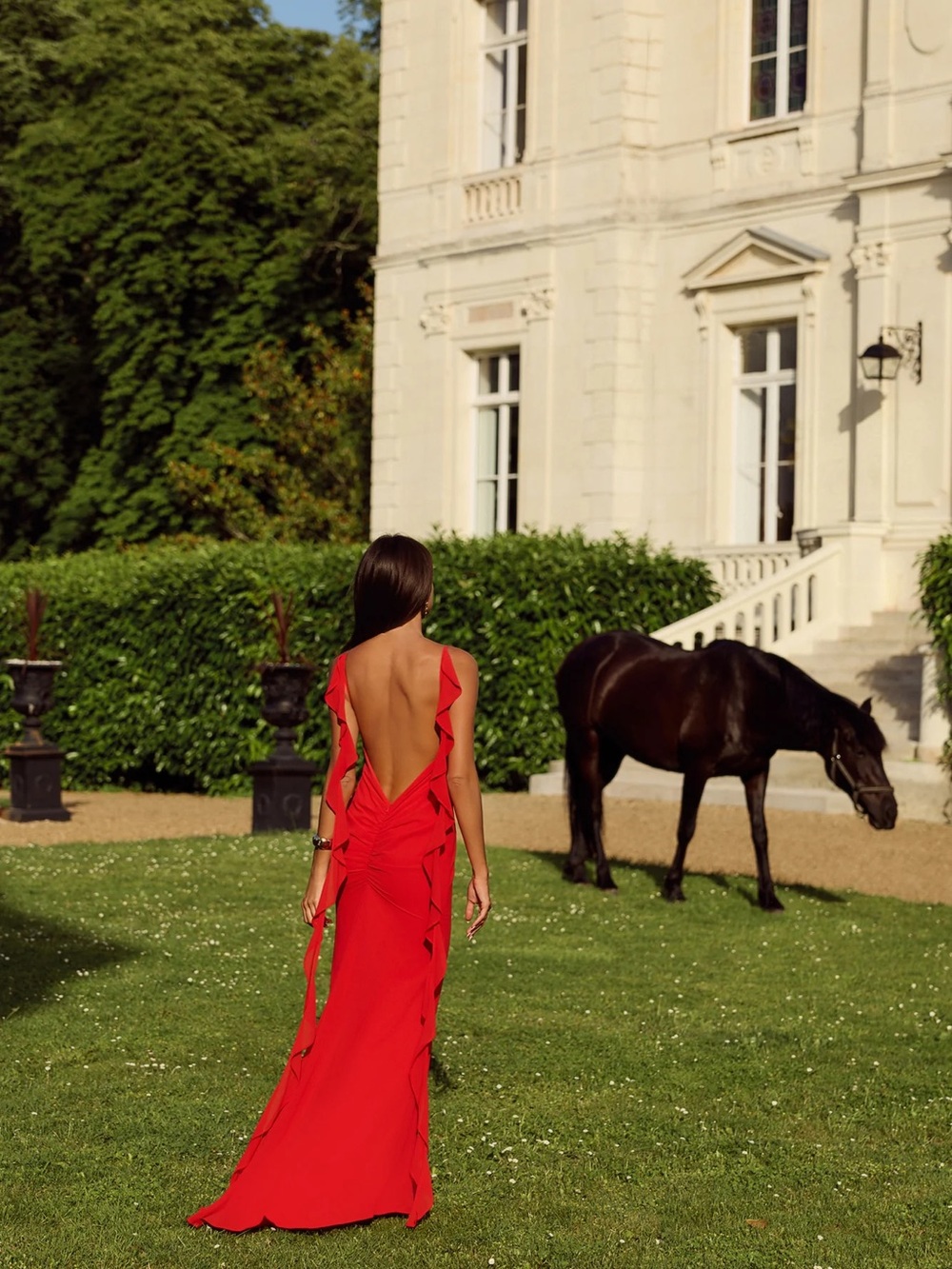 Hello Molly Red Backless Ruffle-Trim Gown